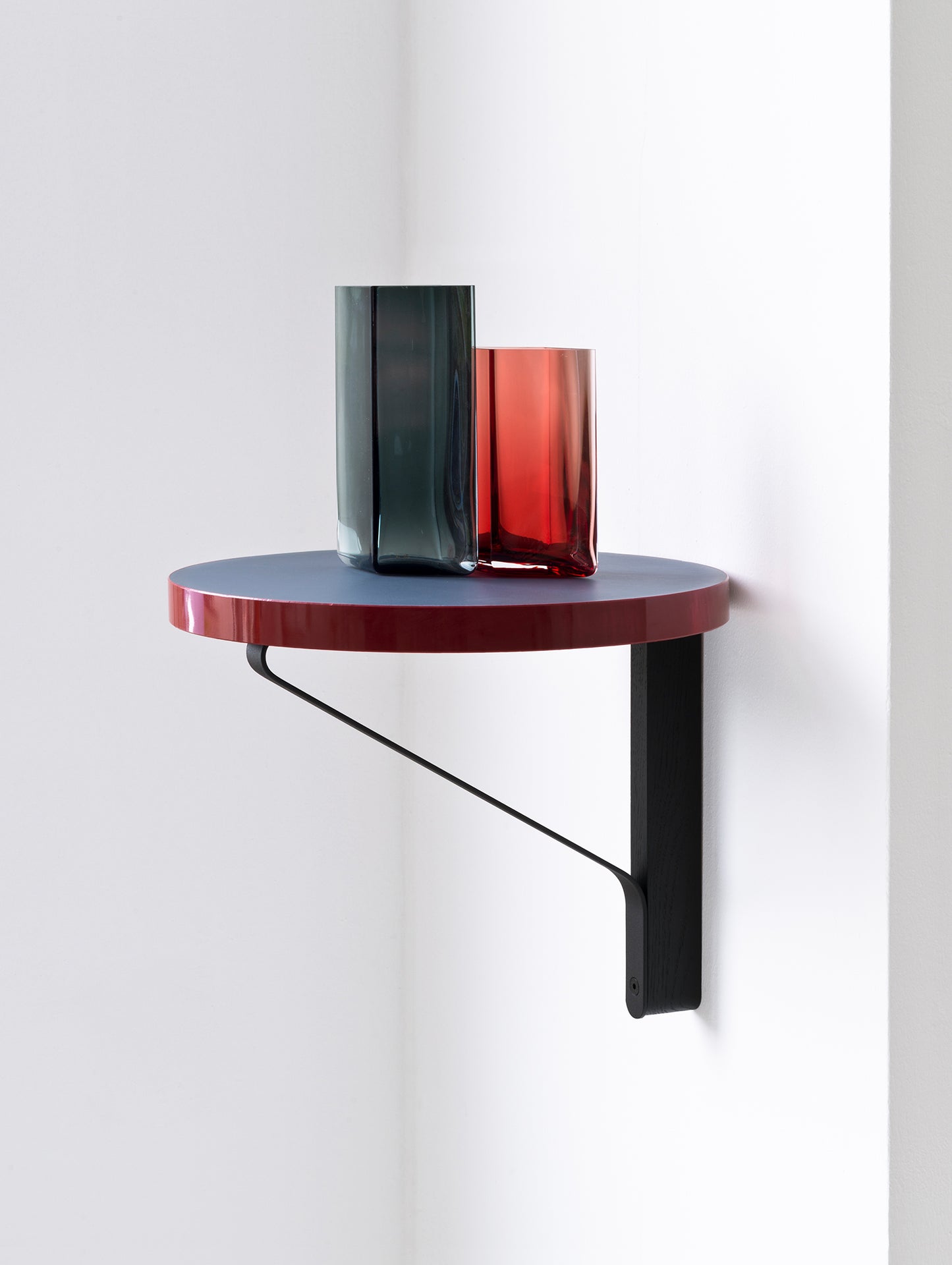 Kaari Wall Console REB 007 by Artek - Black Lacquered Oak Bracket / Blue Linoleum / High Gloss Red Edge