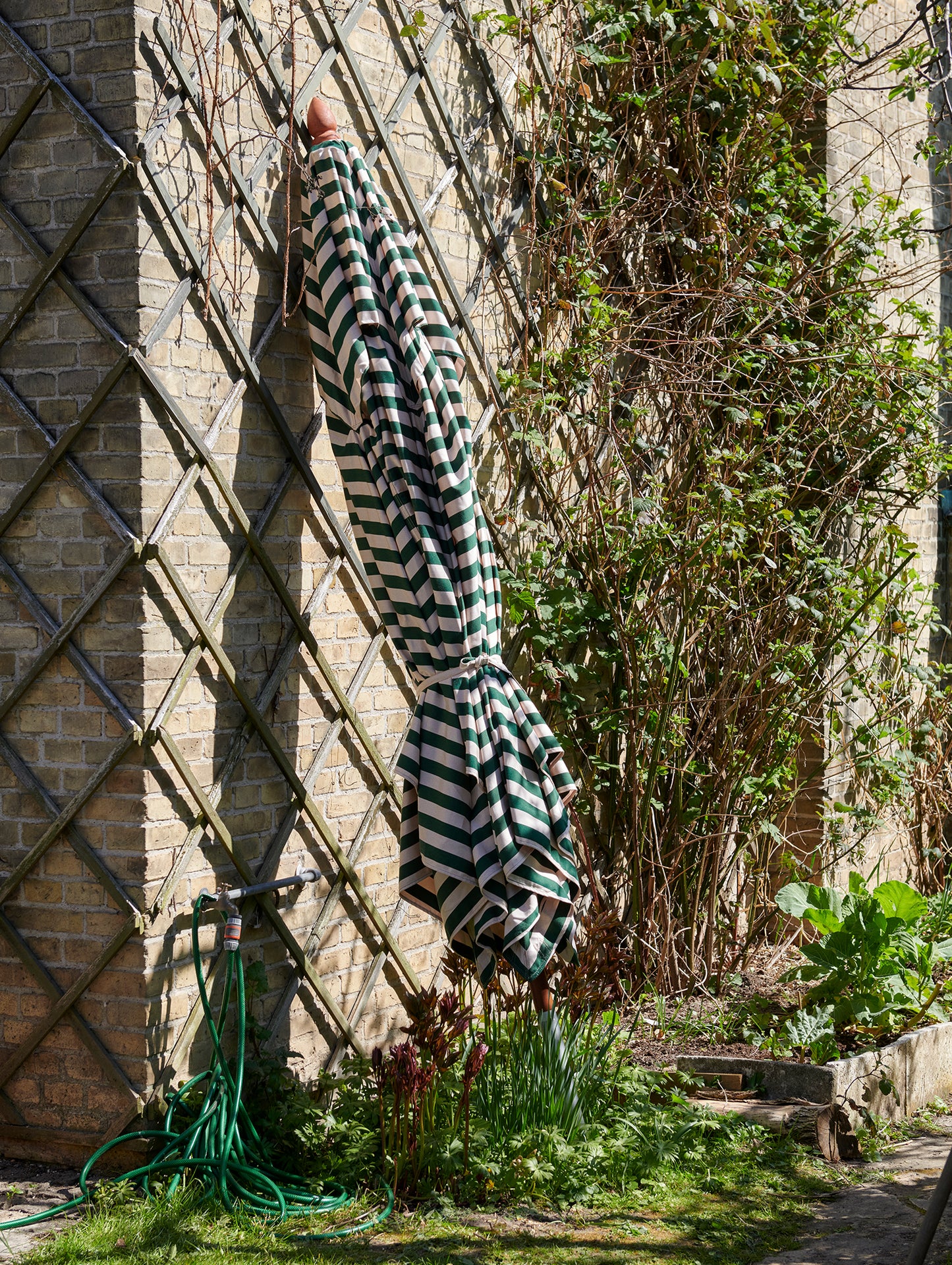 Messina Striped Umbrella by Skagerak - Light Apricot / Dark Green Stripes