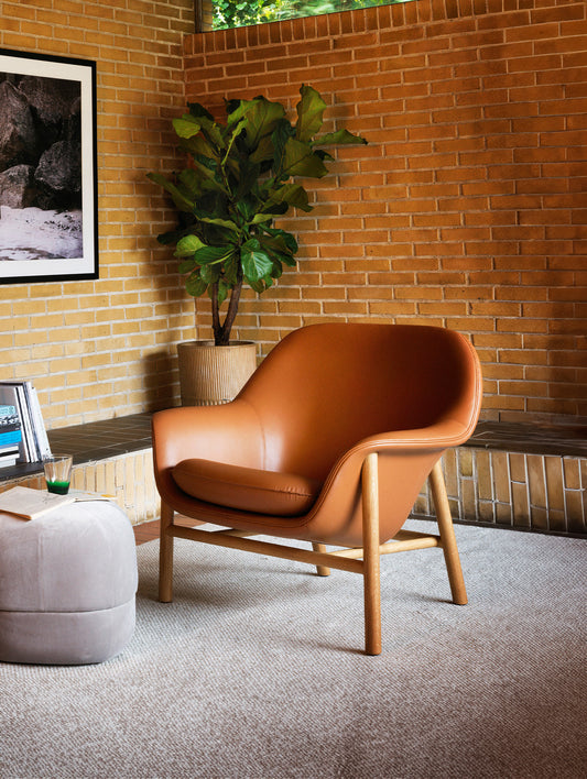 Drape Lounge Chair by Normann Copenhagen - Shell: Ultra Leather Brandy 41574 / Piping and Seat Cushion: Ultra Leather Brandy 41574