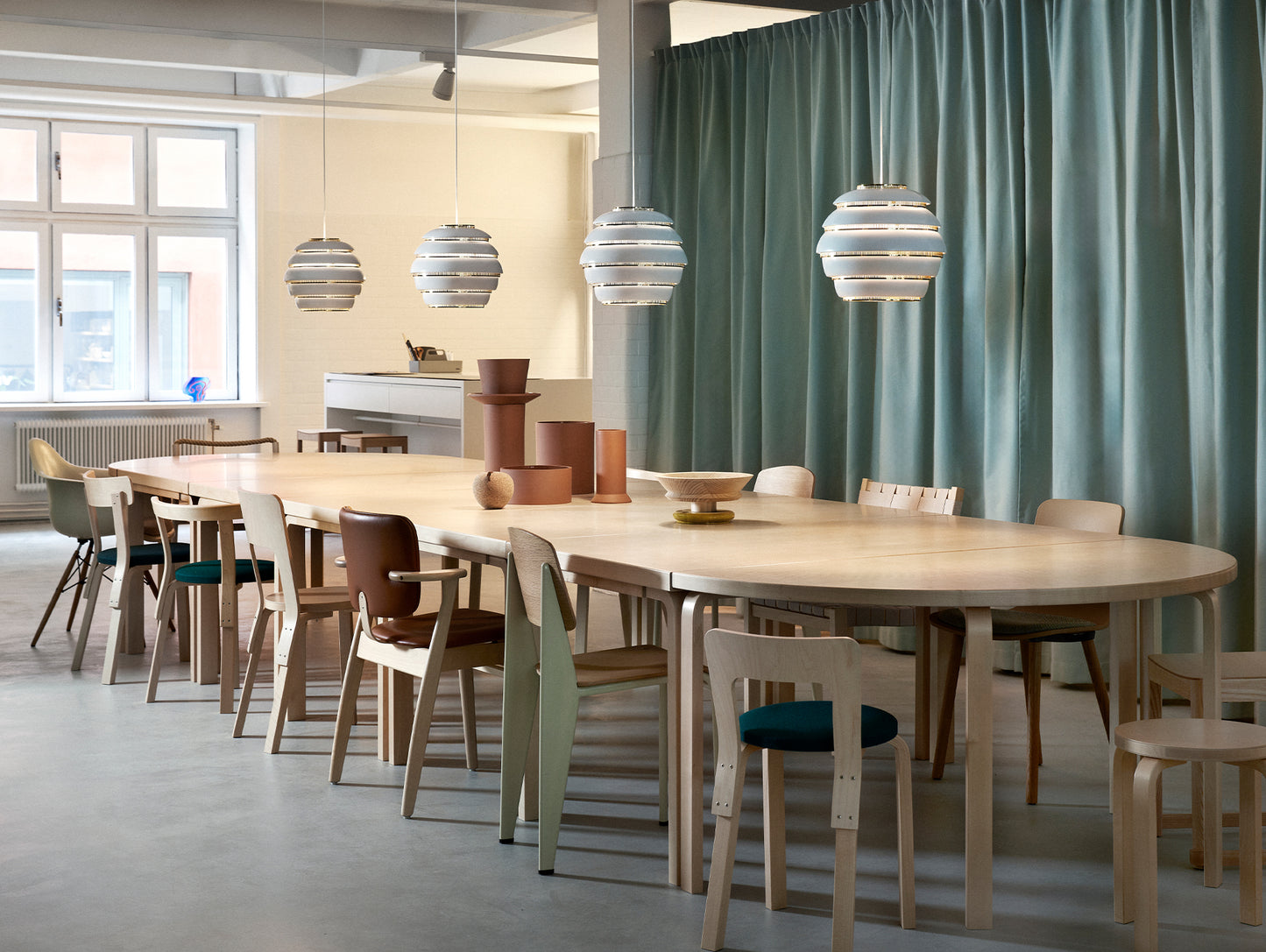 A331 Beehive Pendant Light by Artek - White Aluminium Shade with Brass Rings