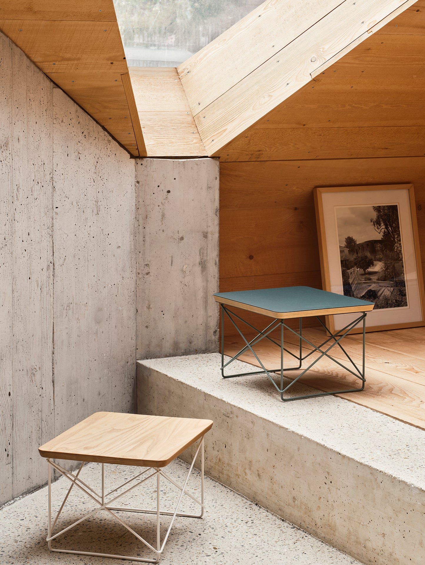 Eames Occasional Table LTR by Vitra - Oiled Chestnut / White Base, Jade Linoleum / Eames Sea Foam Green Base