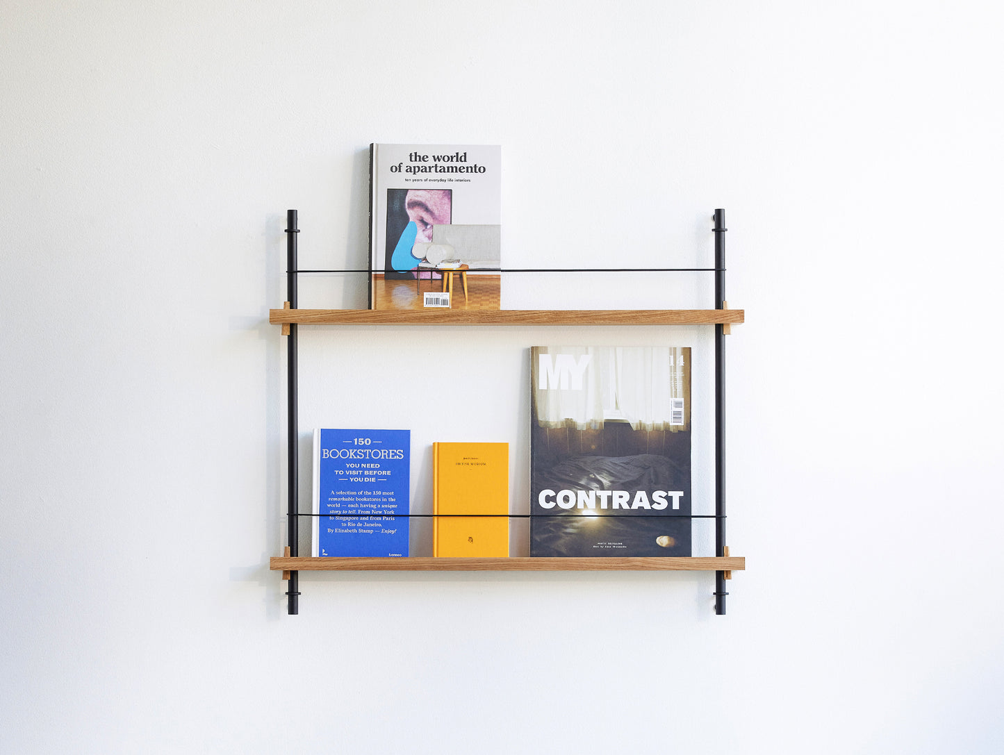 Magazine Shelving Sets (65 cm) by Moebe - Black Uprights / Oak