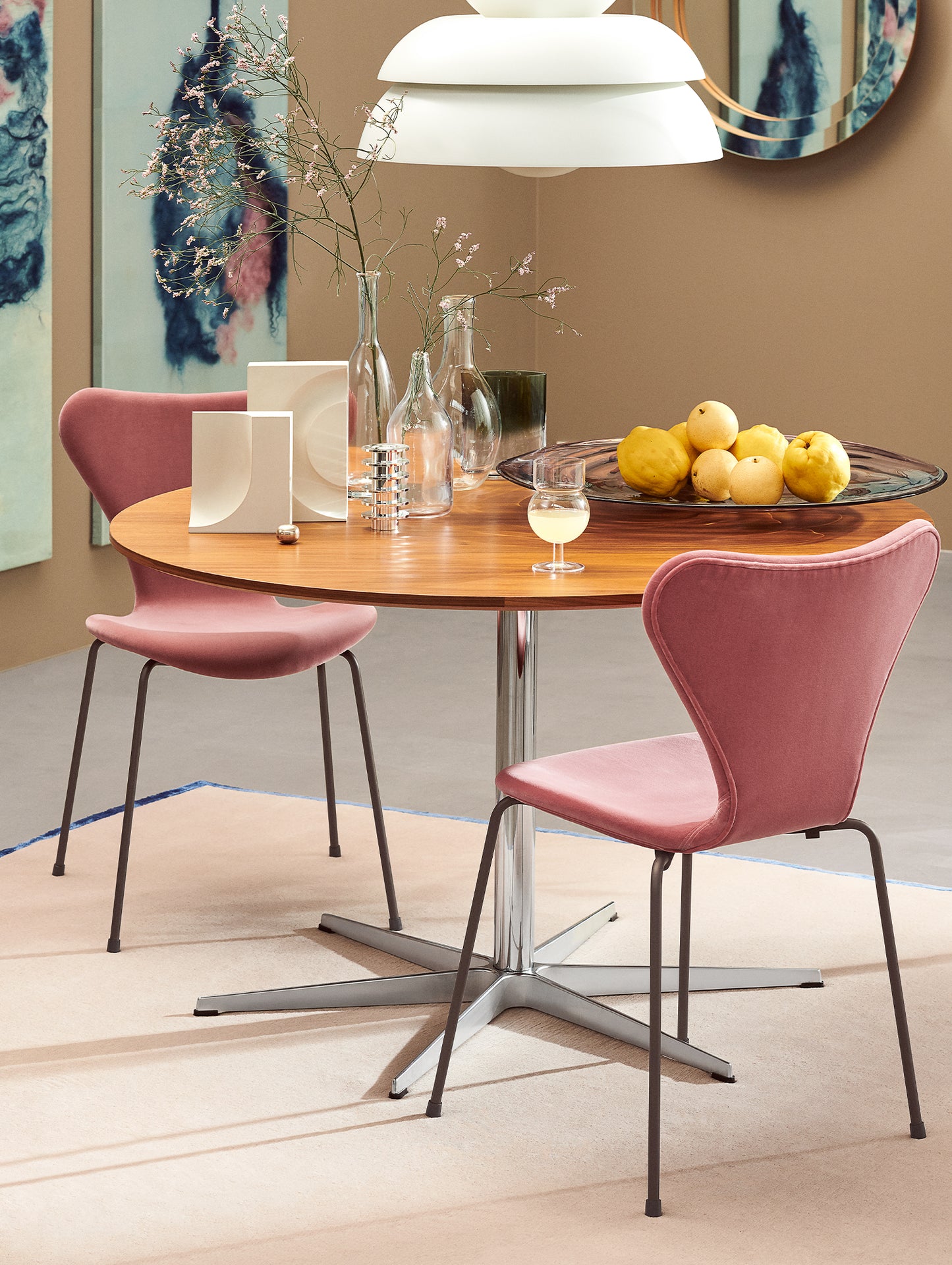 Series 7™ 3107 Dining Chair (Fully Upholstered) by Fritz Hansen - Brown Bronze Steel / Belfast (Velvet) Misty Rose