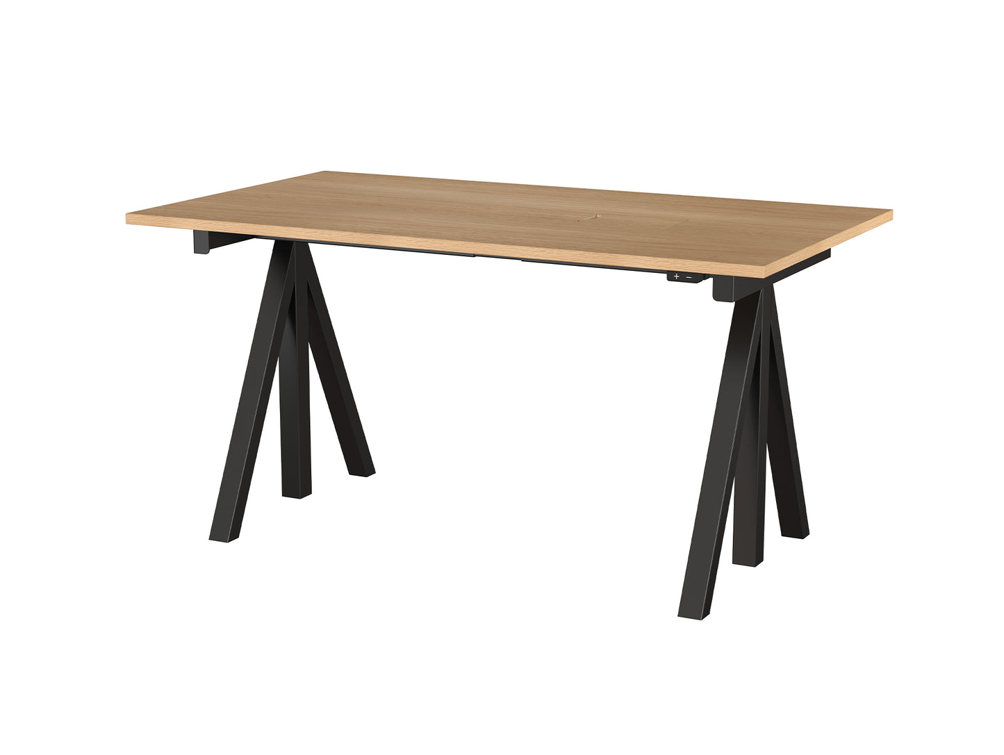 Height Adjustable Work Desk by String - 140 x 78 cm / Black Steel Base / Oak Veneered MDF Desktop