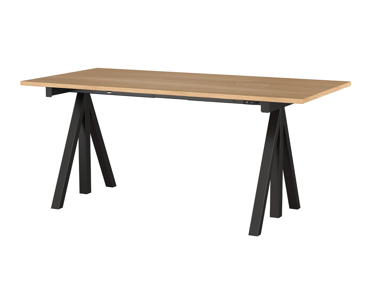 Height Adjustable Work Desk by String - 160 x 78 cm / Black Steel Base / Oak Veneered MDF Desktop