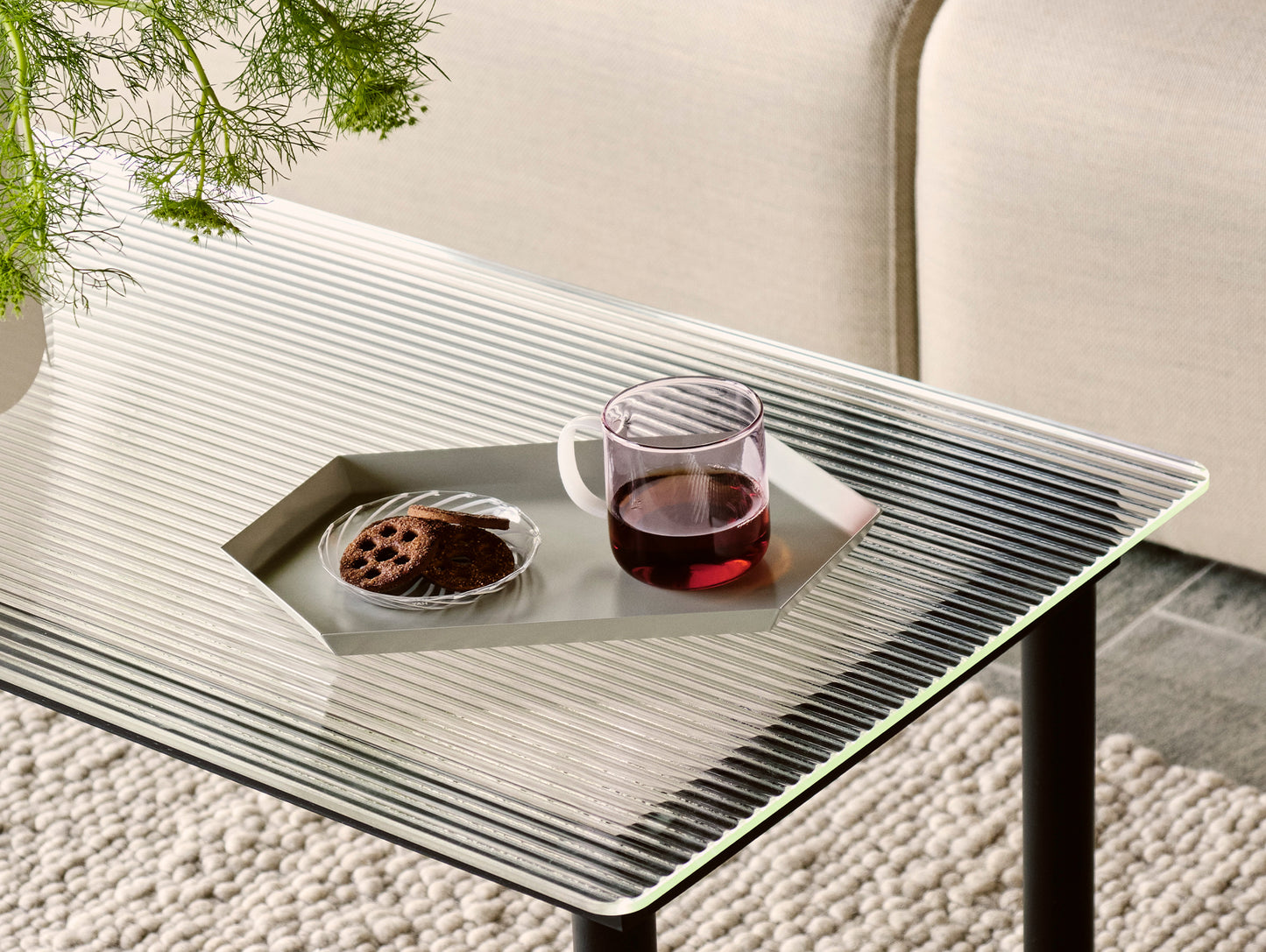 Kofi Table / 140 x 50 cm / Black Lacquered Oak Base / Clear Reeded Glass Tabletop / HAY