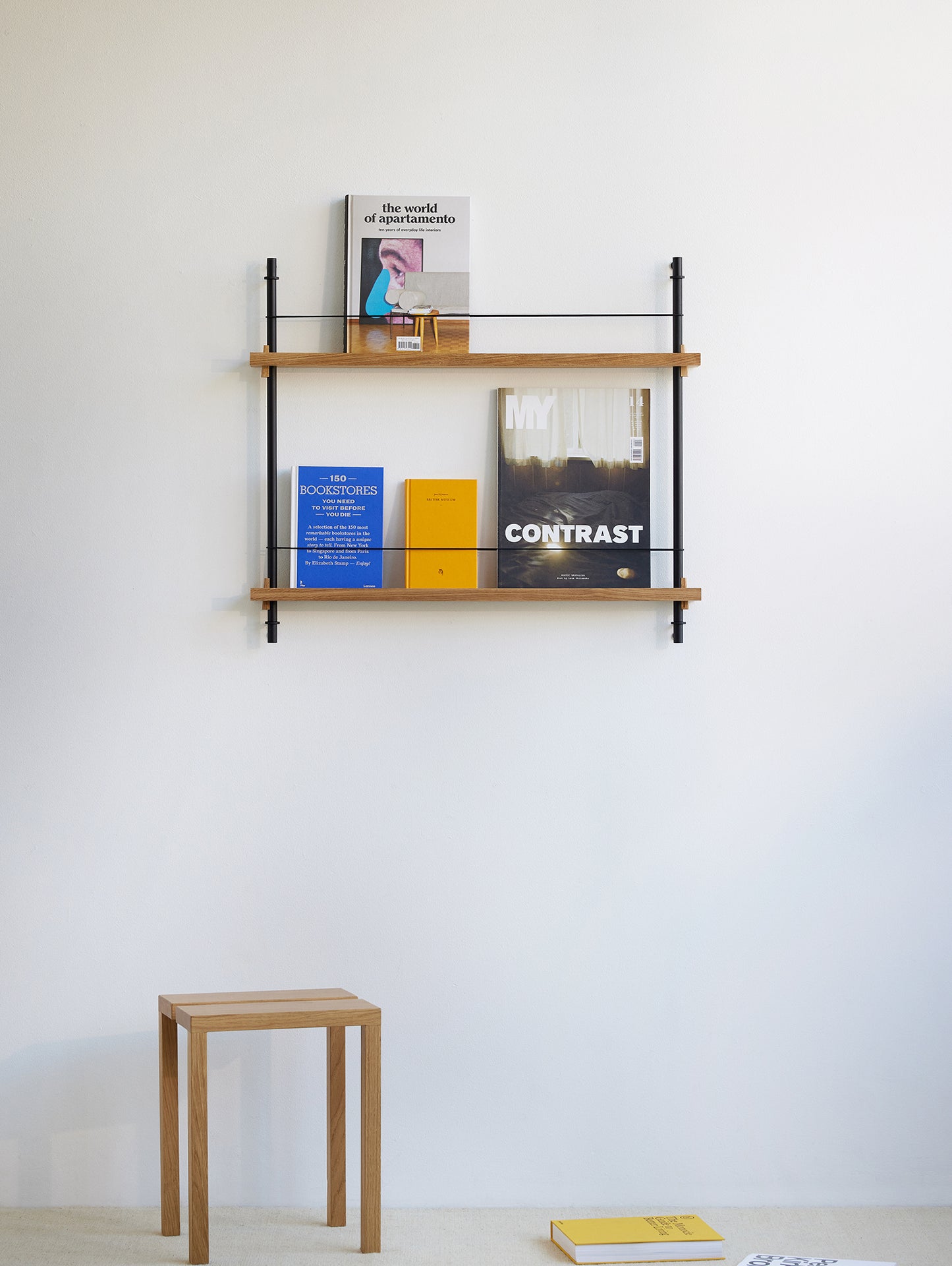 Magazine Shelving Sets (65 cm) by Moebe - Black Uprights / Oak