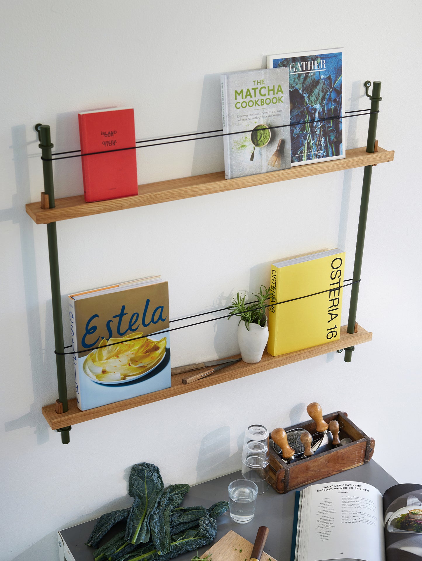 Magazine Shelving Sets (65 cm) by Moebe - Pine Green Uprights / Oak