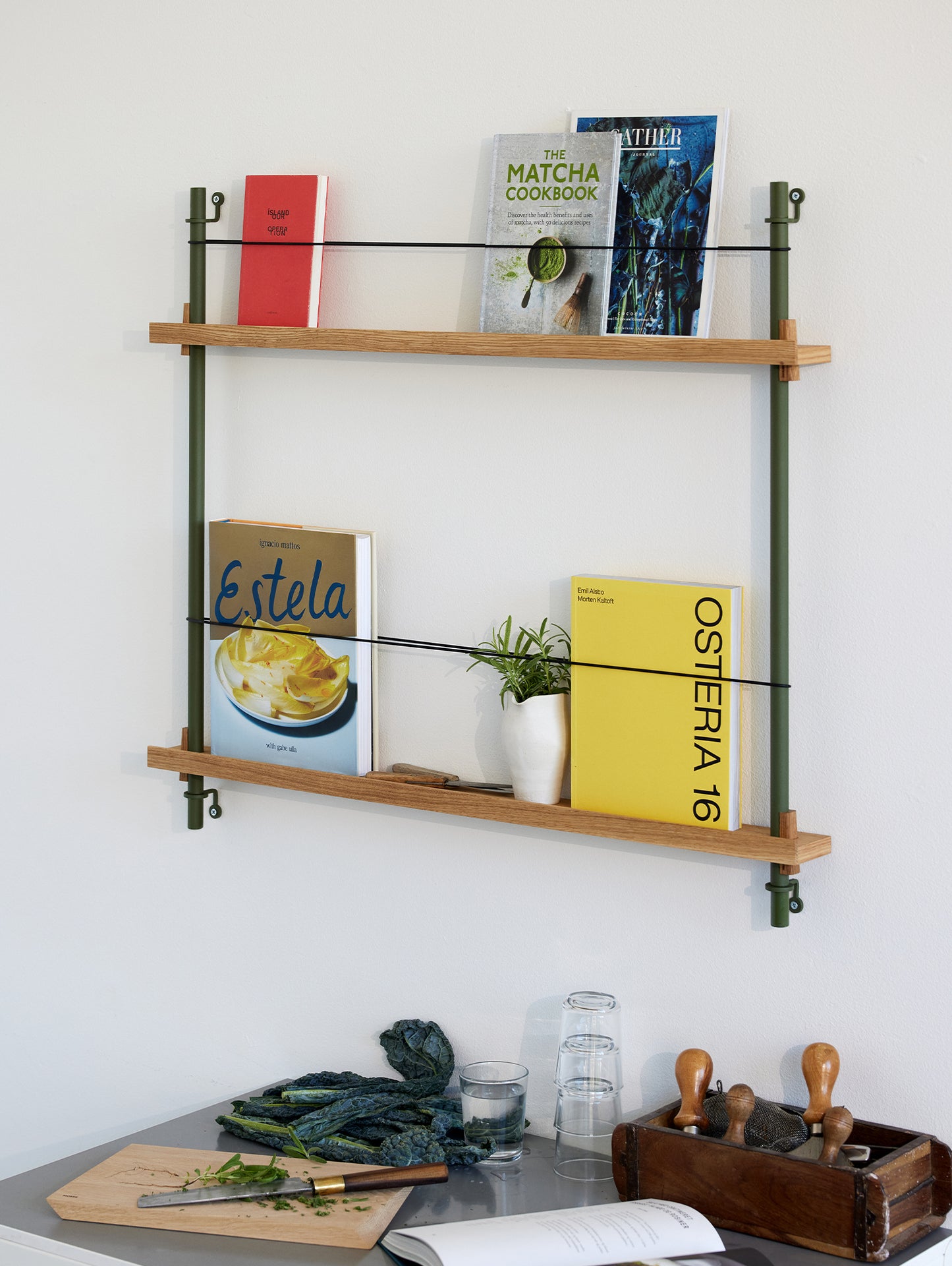 Magazine Shelving Sets (65 cm) by Moebe - Pine Green Uprights / Oak