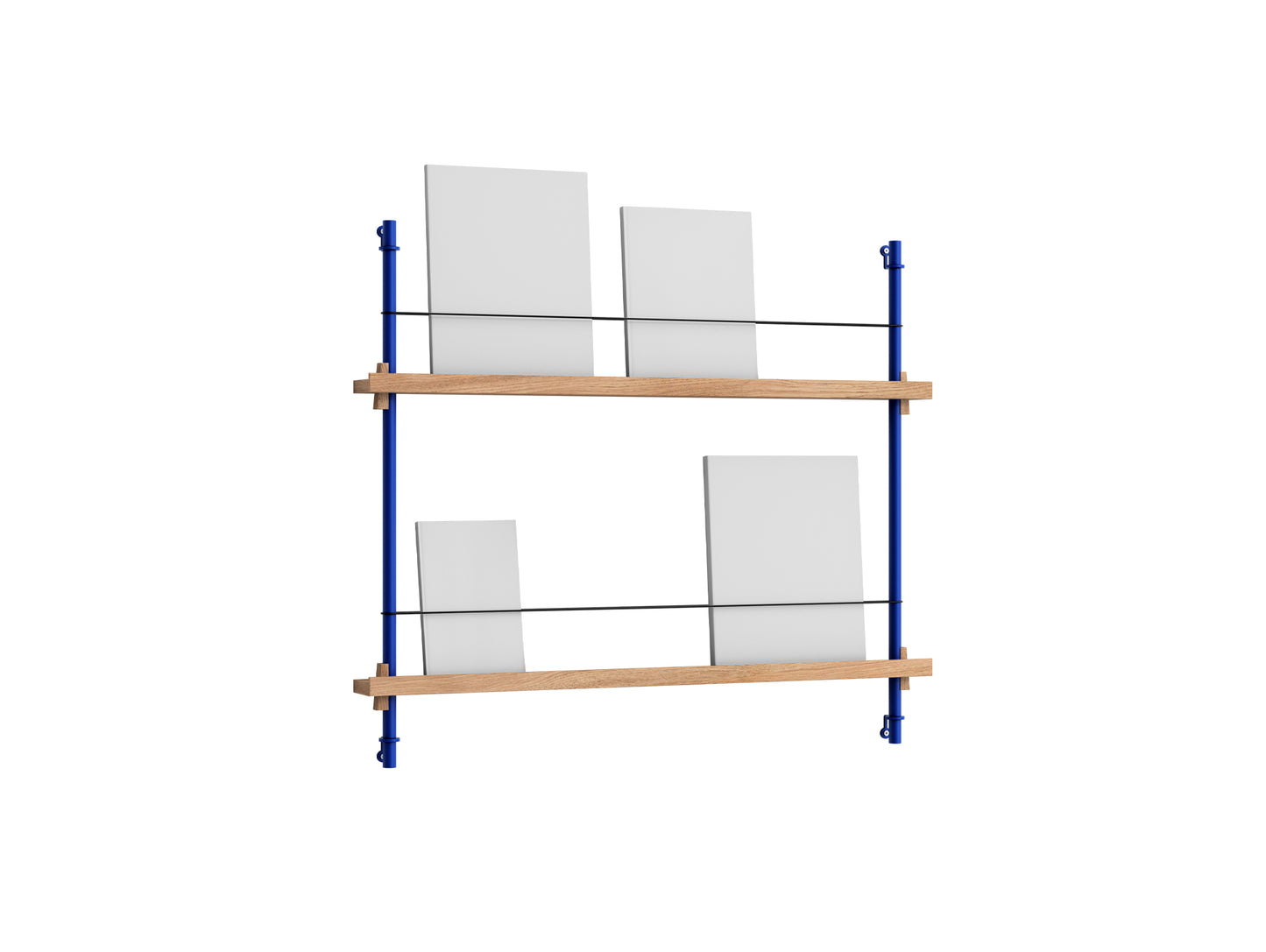 Magazine Shelving Sets (65 cm) by Moebe - Deep Blue Uprights / Oak