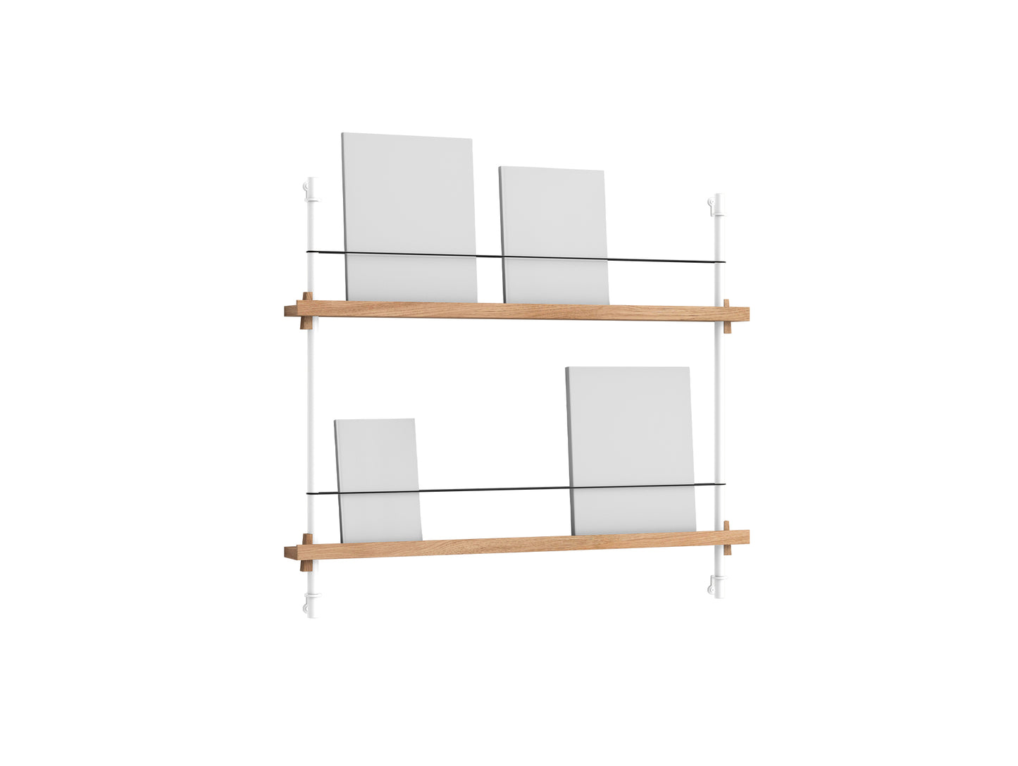 Magazine Shelving Sets (65 cm) by Moebe - White Uprights / Oak