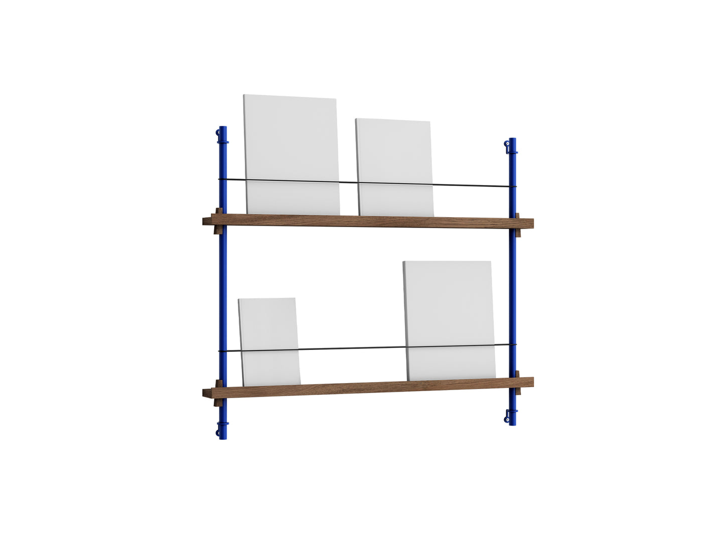 Magazine Shelving Sets (65 cm) by Moebe - Blue Uprights / Smoked Oak