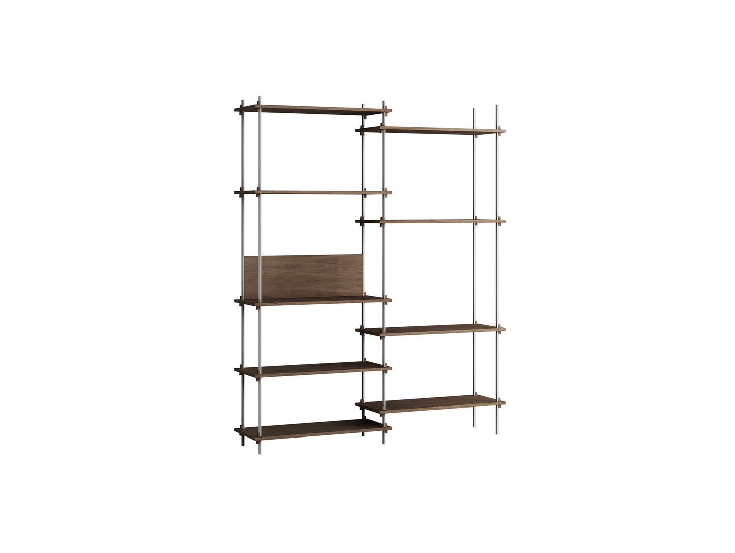 Shelving System Sets (200 cm) by Moebe / S.200.2.A / Stainless Steel Uprights / Smoked Oak