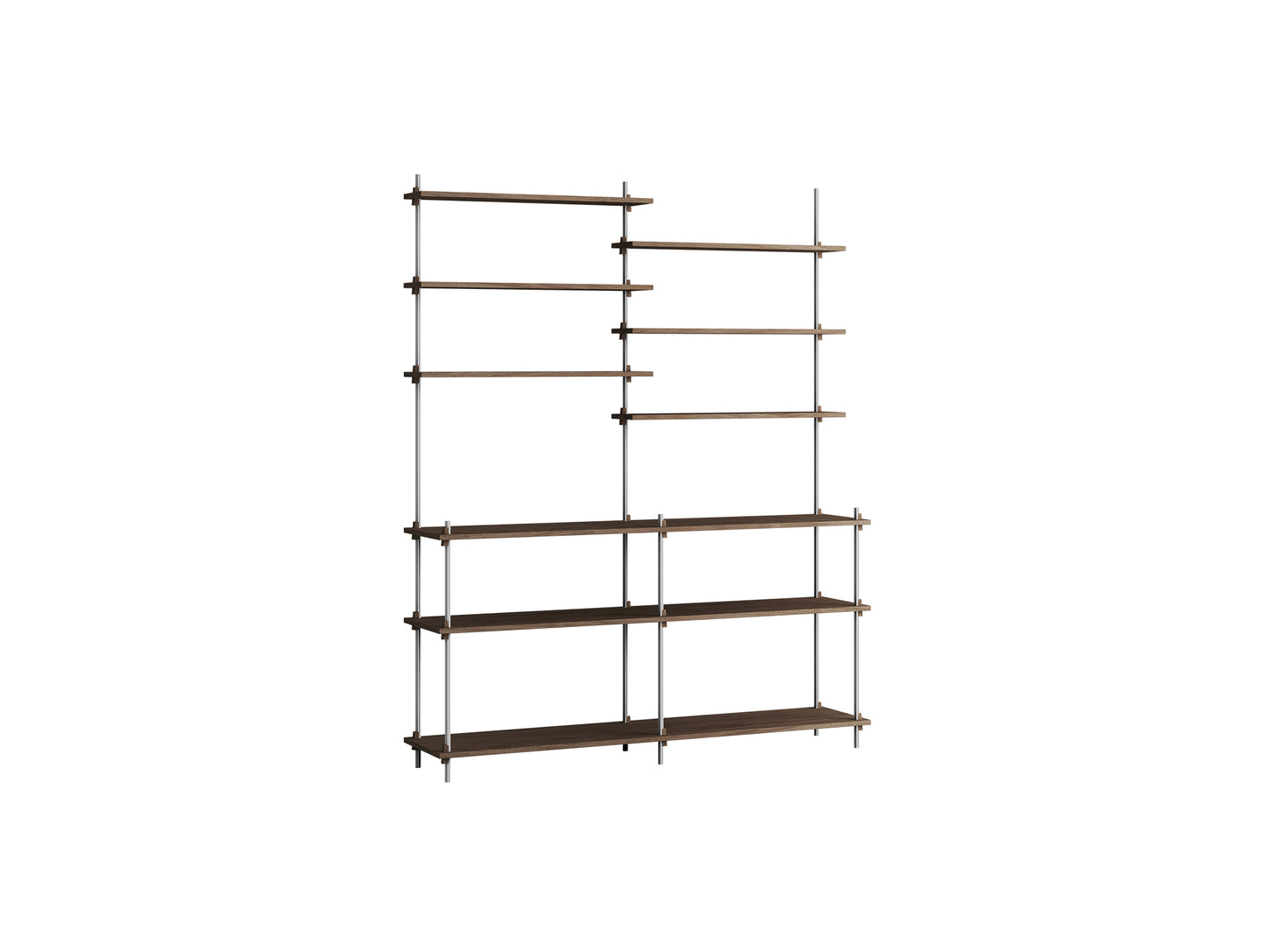 Shelving System Sets (200 cm) by Moebe / S.200.2.D / Stainless Steel Uprights / Smoked Oak