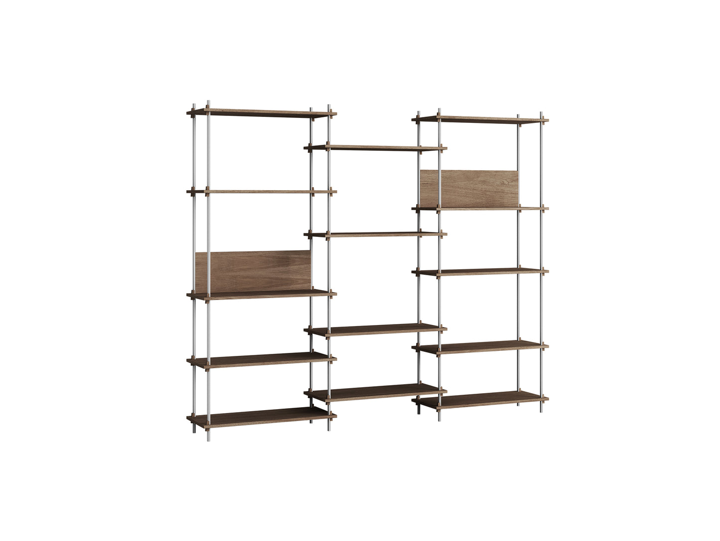 Shelving System Sets (200 cm) by Moebe / S.200.3.A / Stainless Steel Uprights / Smoked Oak