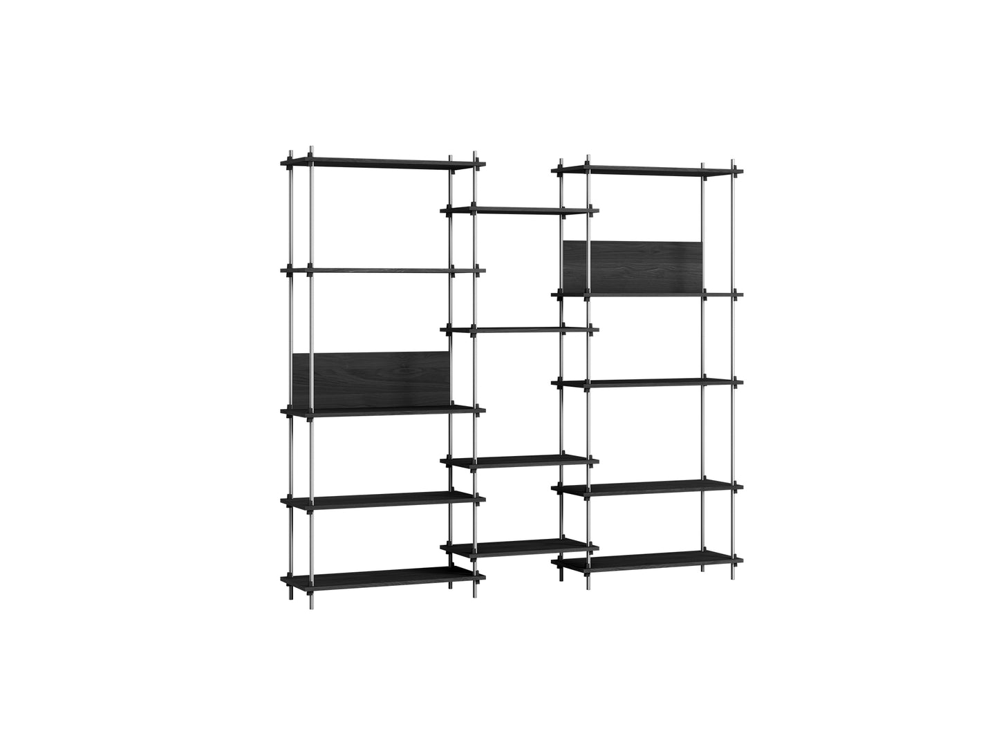 Shelving System Sets (200 cm) by Moebe / S.200.3.E / Stainless Steel Uprights / Black Painted Oak