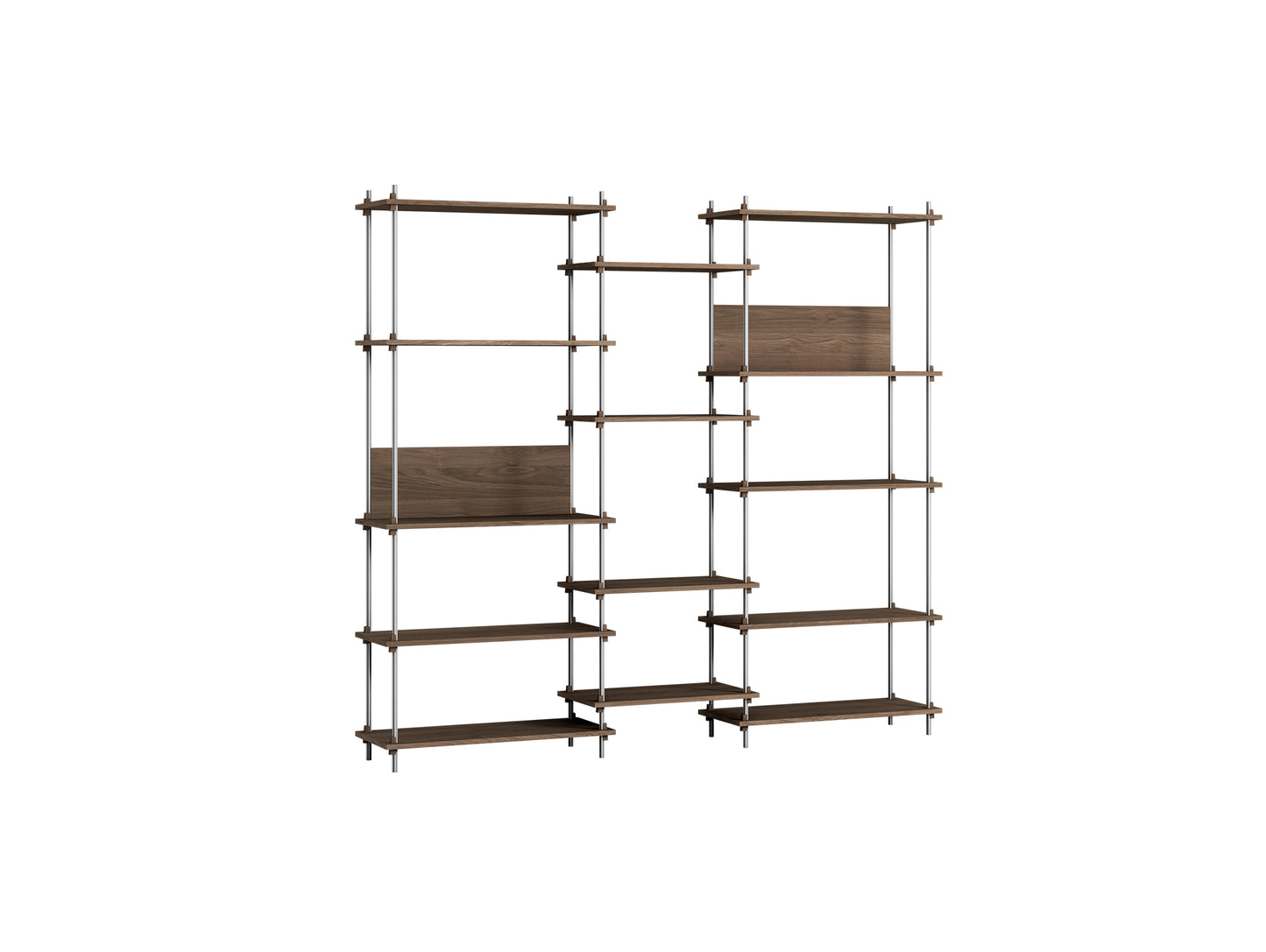 Shelving System Sets (200 cm) by Moebe / S.200.3.E / Stainless Steel Uprights / Smoked Oak