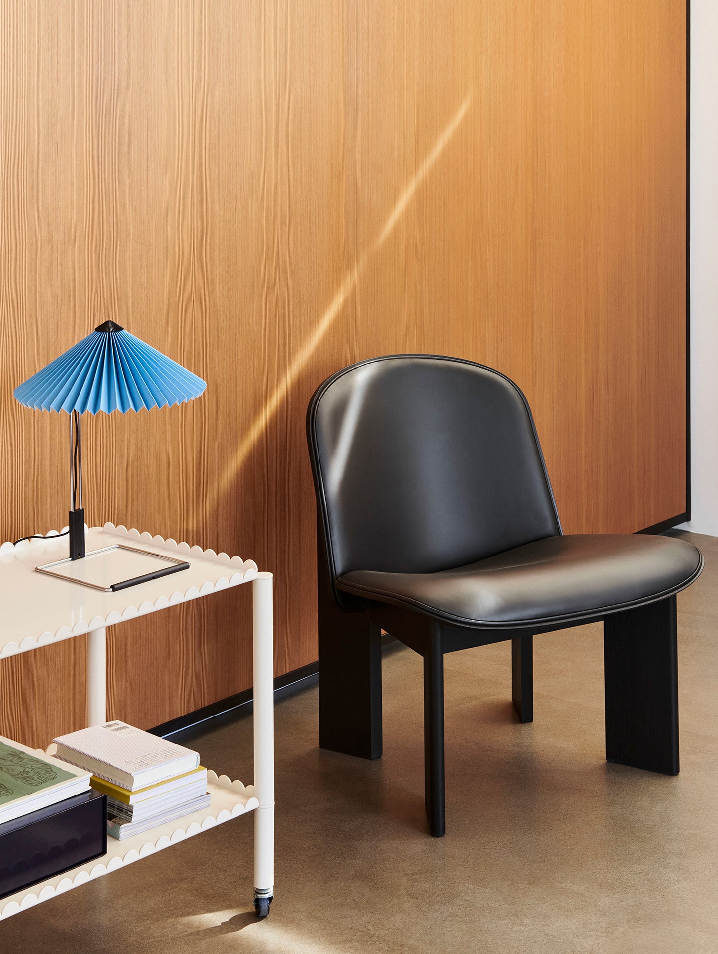 Chisel Lounge Chair (Front Upholstery) by HAY - Black Lacquered Oak / Black Sense Leather