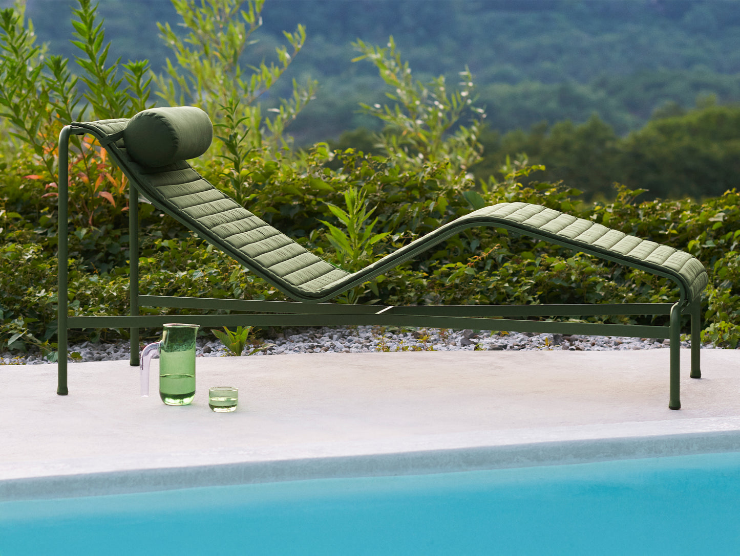 HAY Palissade Chaise Longue in Olive with Quilted Cushion and Headrest
