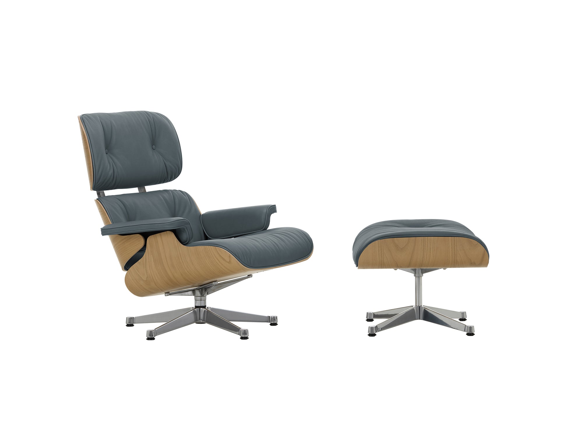 Eames Lounge Chair by Vitra - Lacquered Chestnut / Smoke Blue Premium Leather (L50)