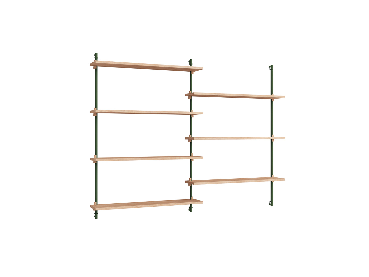 Wall Shelving System Sets (115 cm) by Moebe - WS.115.2 / Pine Green Uprights / Oiled Oak