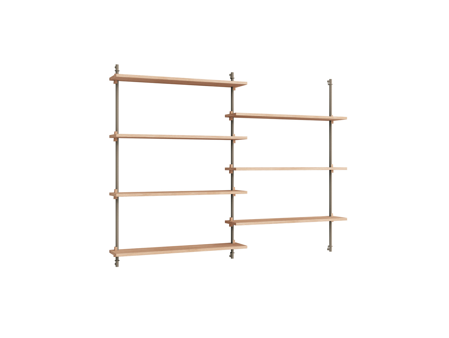 Wall Shelving System Sets (115 cm) by Moebe - WS.115.2 / Warm Grey Uprights / Oiled Oak
