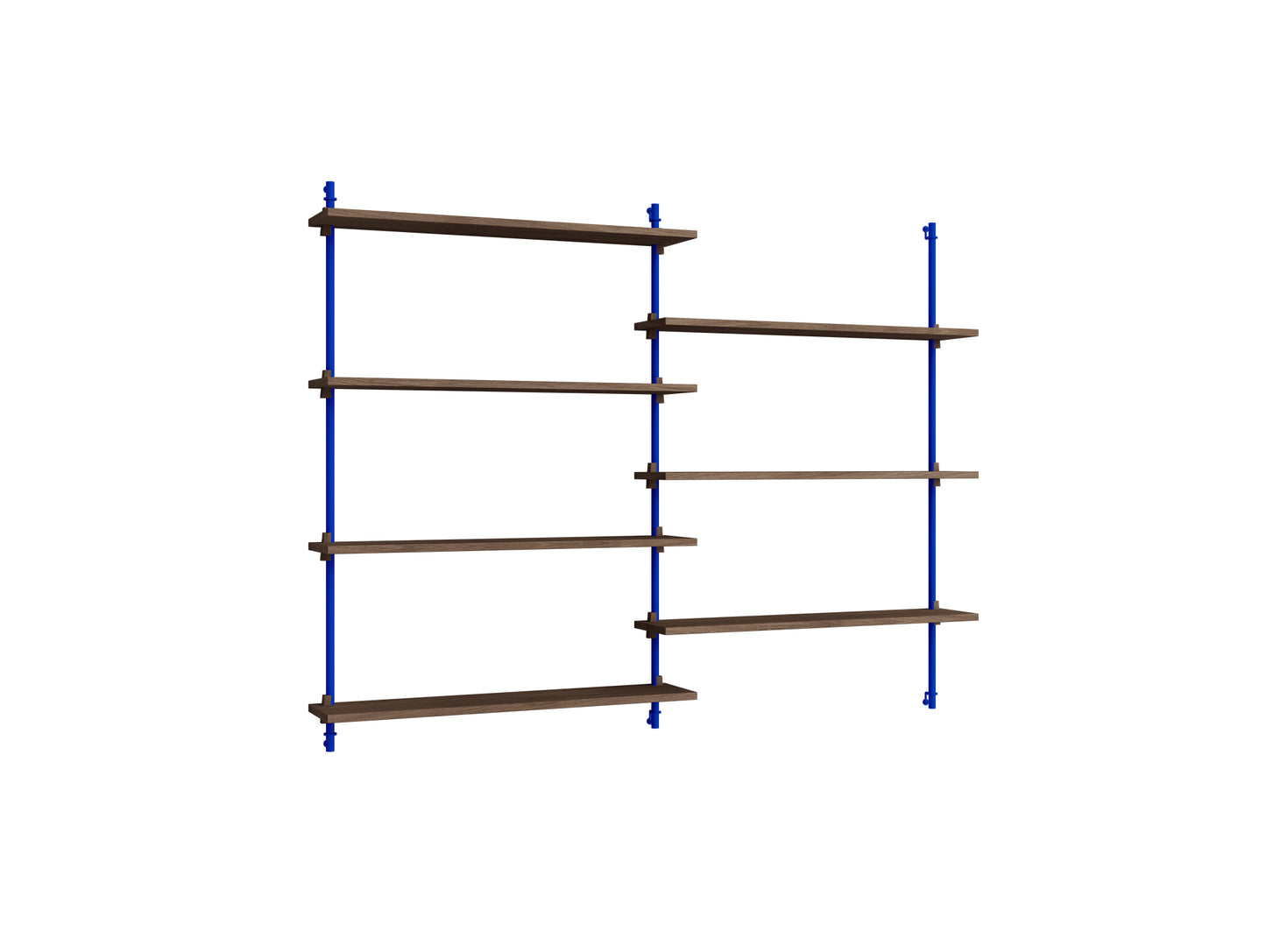 Wall Shelving System Sets (115 cm) by Moebe - WS.115.2 / Deep Blue Uprights / Smoked Oak