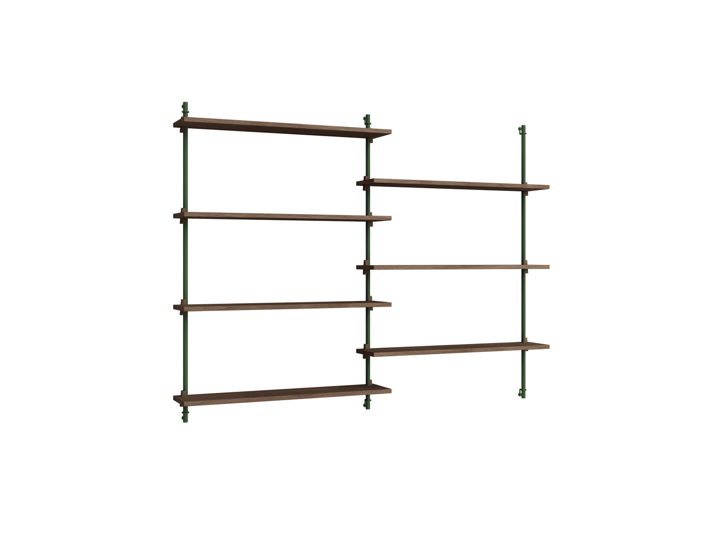 Wall Shelving System Sets (115 cm) by Moebe - WS.115.2 / Pine Green Uprights / Smoked Oak