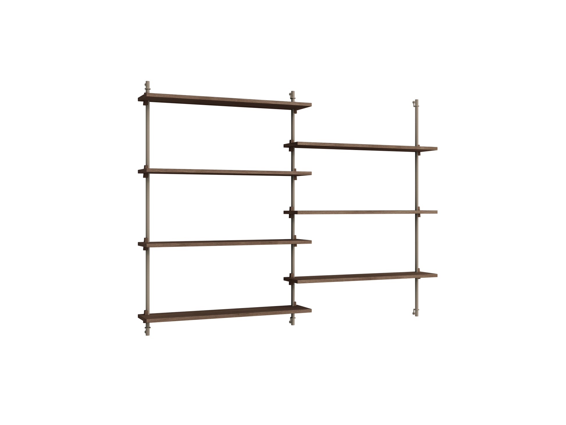 Wall Shelving System Sets (115 cm) by Moebe - WS.115.2 / Warm Grey Uprights / Smoked Oak