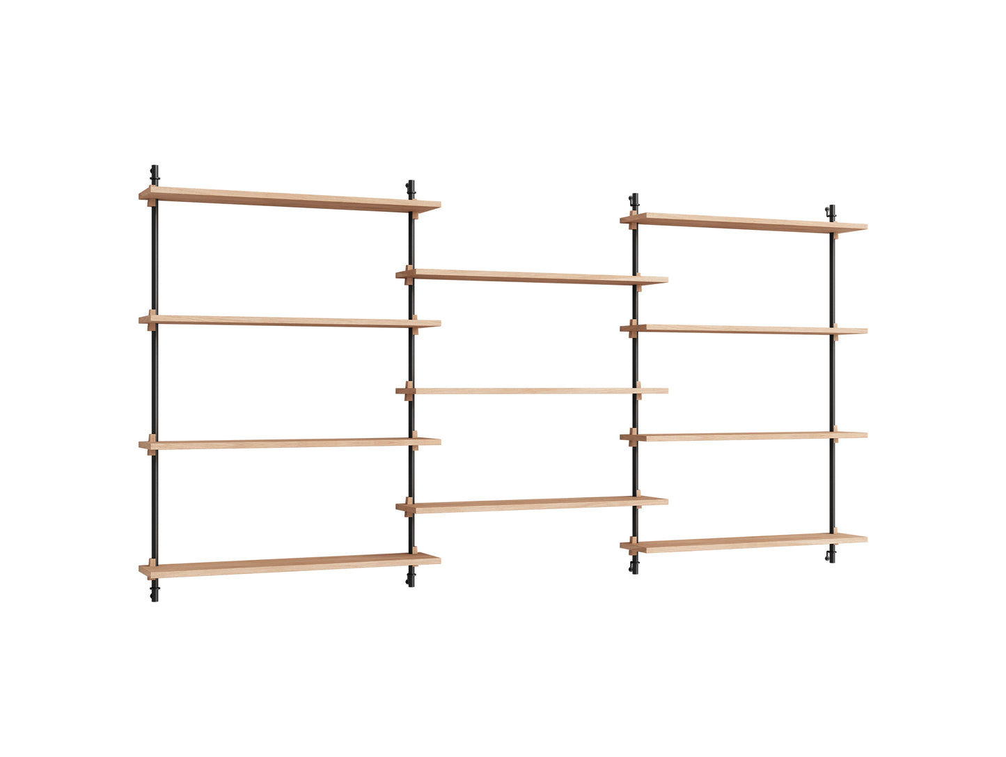 Wall Shelving System Sets (115 cm) by Moebe - WS.115.3 / Black Uprights / Oiled Oak