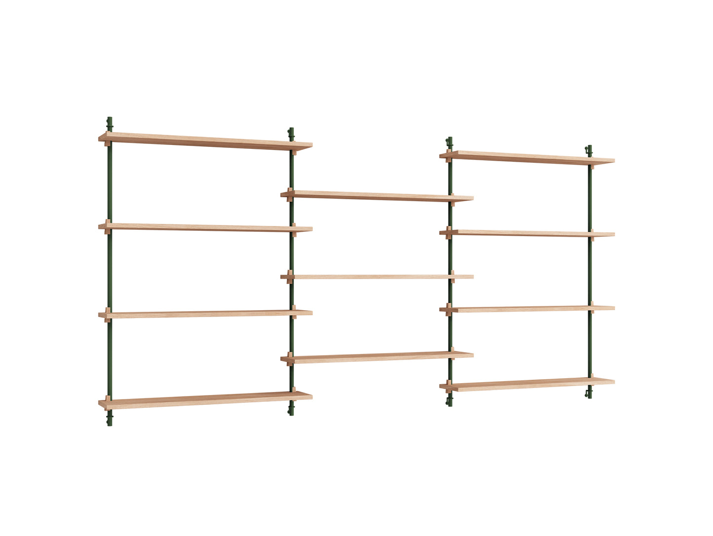 Wall Shelving System Sets (115 cm) by Moebe - WS.115.3 / Pine Green Uprights / Oiled Oak