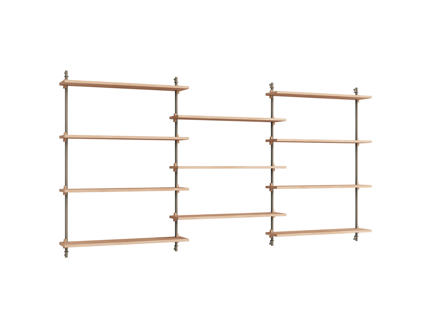 Wall Shelving System Sets (115 cm) by Moebe - WS.115.3 / Warm Grey Uprights / Oiled Oak