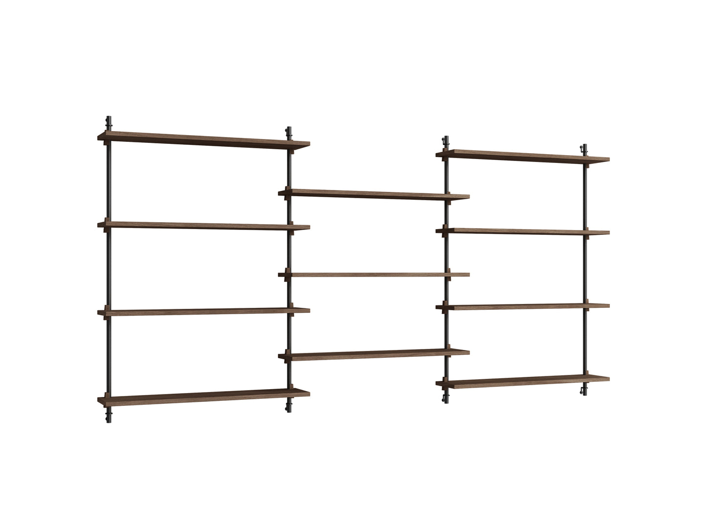 Wall Shelving System Sets (115 cm) by Moebe - WS.115.3 / Black Uprights / Smoked Oak