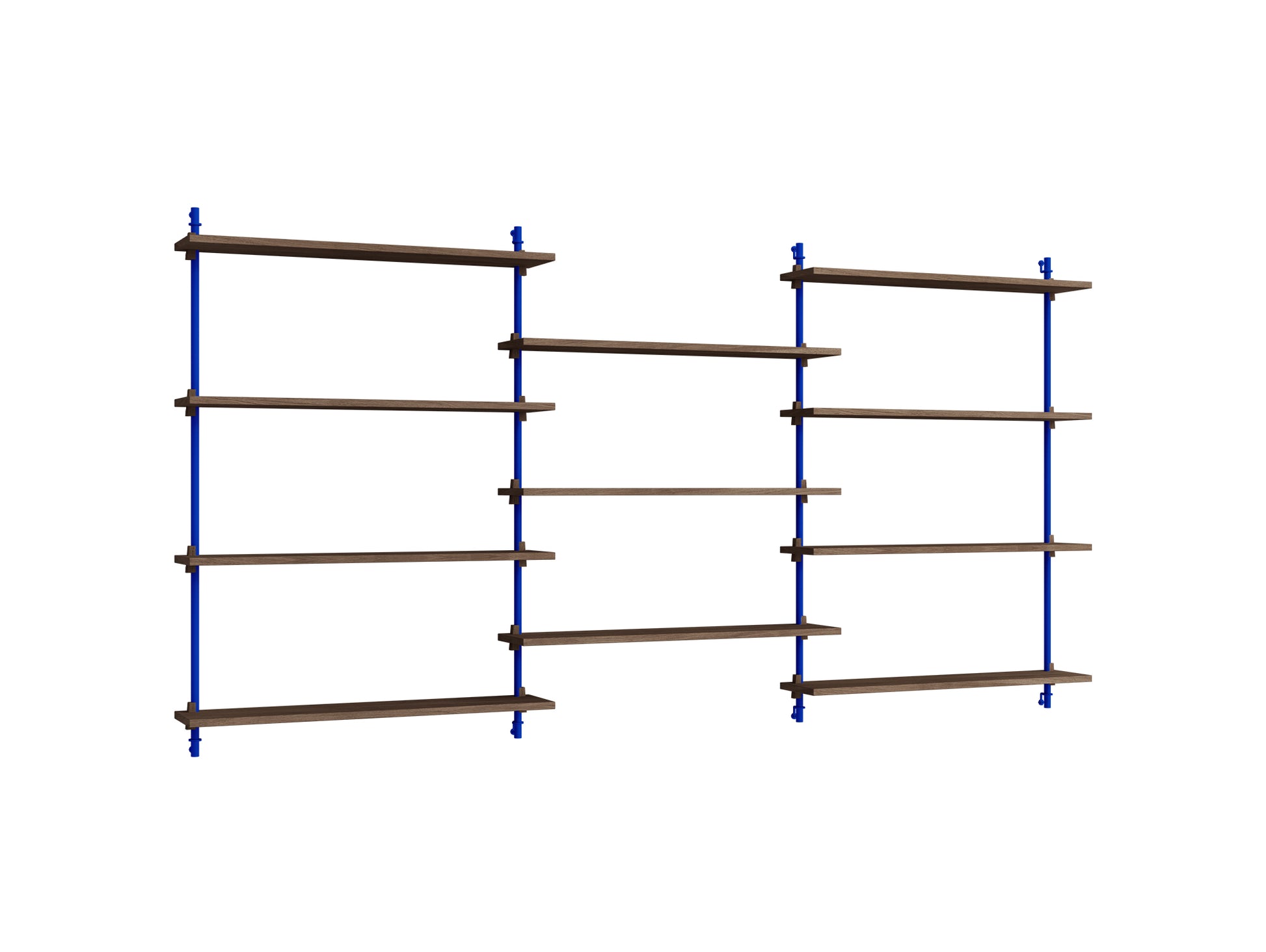 Wall Shelving System Sets (115 cm) by Moebe - WS.115.3 / Deep Blue Uprights / Smoked Oak