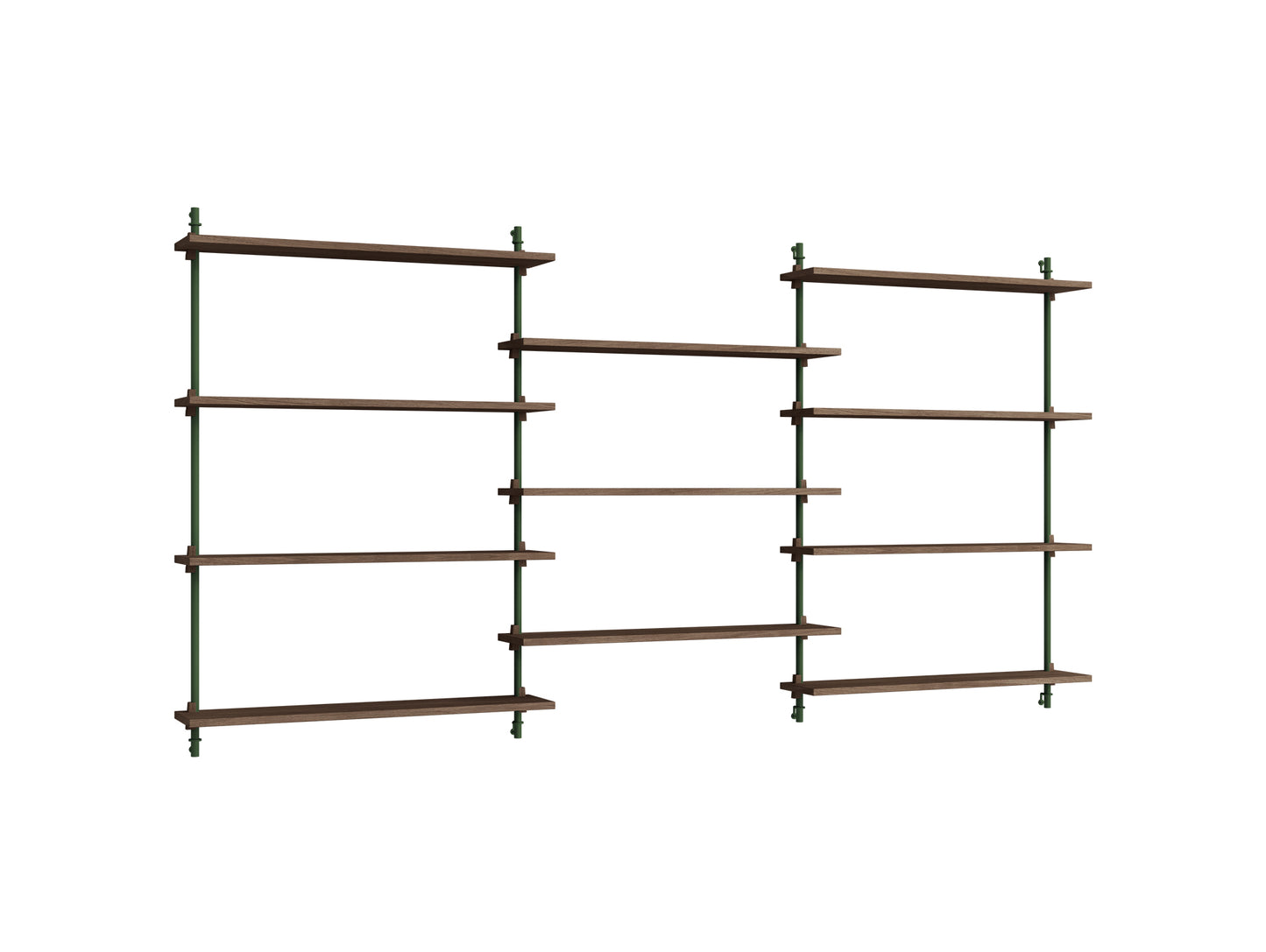 Wall Shelving System Sets (115 cm) by Moebe - WS.115.3 / Pine Green Uprights / Smoked Oak