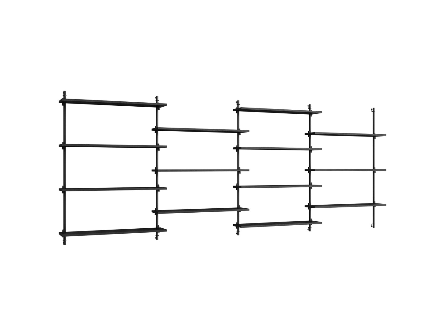 Wall Shelving System Sets (115 cm) by Moebe - WS.115.4 / Black Uprights / Black Painted Oak