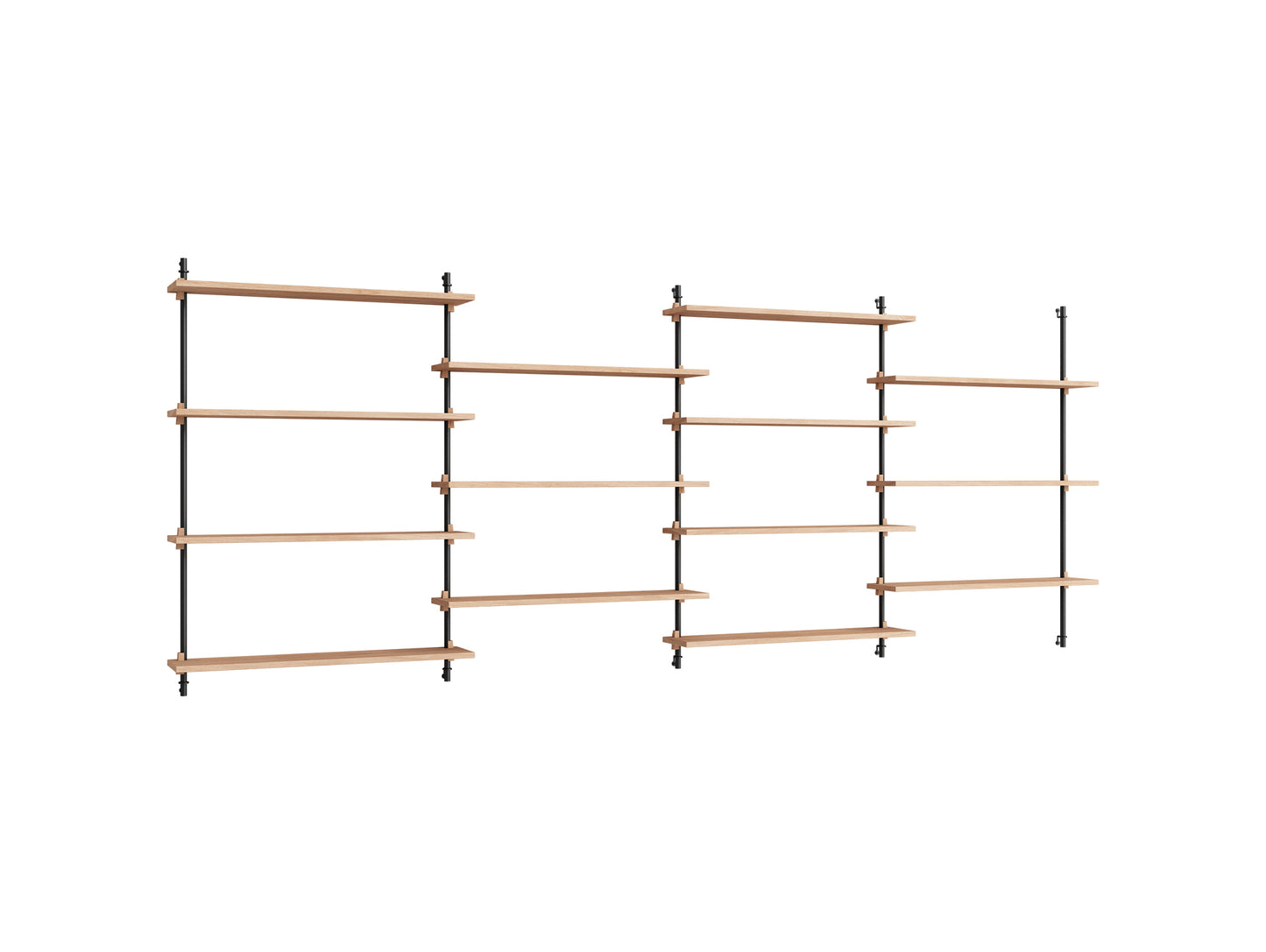 Wall Shelving System Sets (115 cm) by Moebe - WS.115.4 / Black Uprights / Oiled Oak