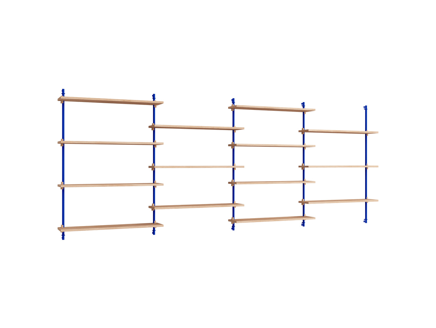 Wall Shelving System Sets (115 cm) by Moebe - WS.115.4 / Deep Blue Uprights / Oiled Oak