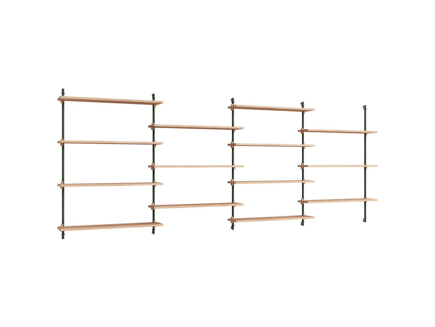Wall Shelving System Sets (115 cm) by Moebe - WS.115.4 / Pine Green Uprights / Oiled Oak