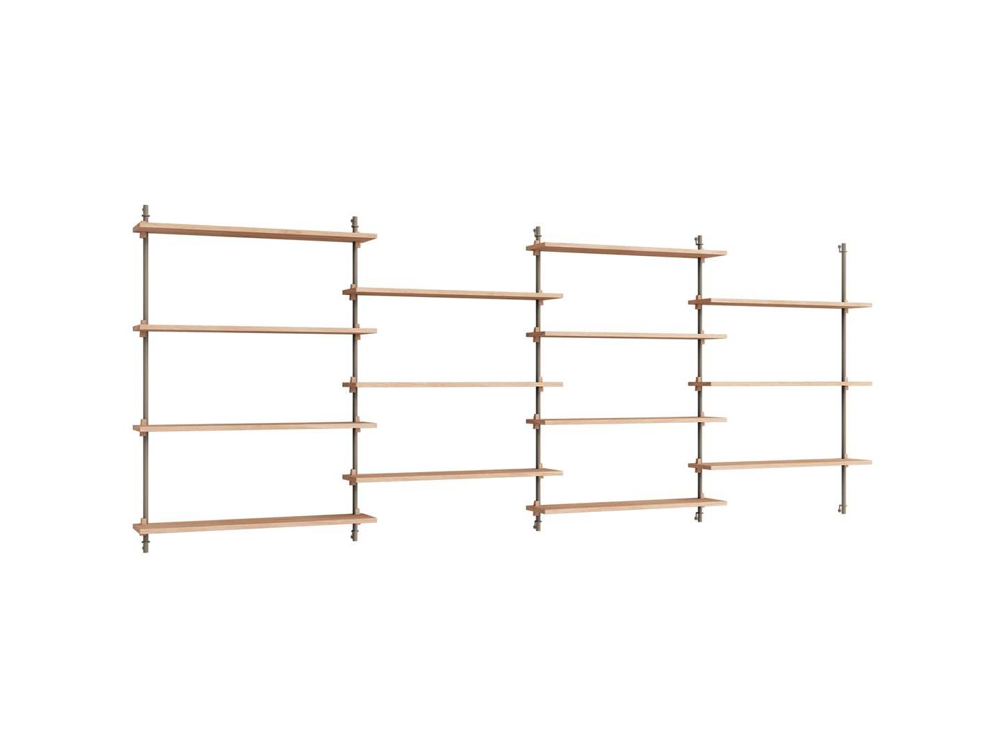 Wall Shelving System Sets (115 cm) by Moebe - WS.115.4 / Warm Grey Uprights / Oiled Oak