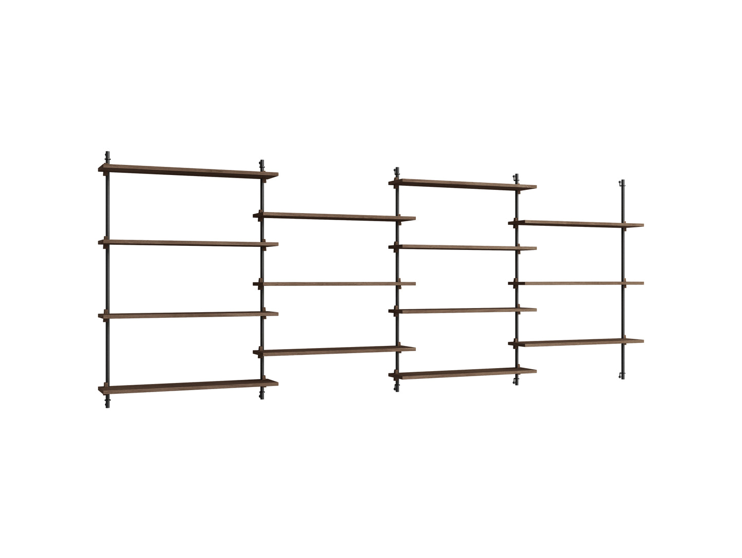 Wall Shelving System Sets (115 cm) by Moebe - WS.115.4 / Black Uprights / Smoked Oak