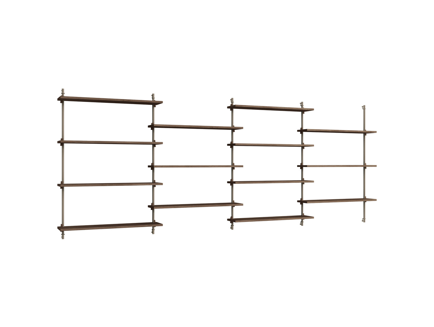 Wall Shelving System Sets (115 cm) by Moebe - WS.115.4 / Warm Grey Uprights / Smoked Oak