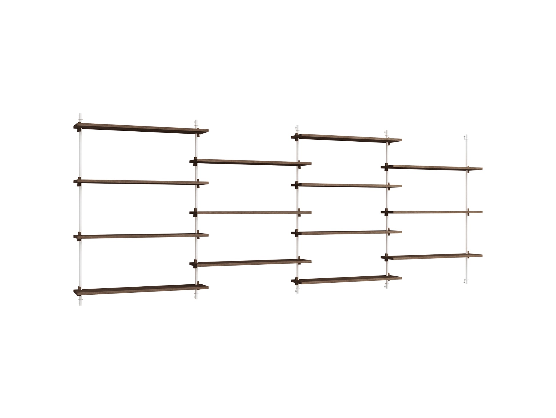 Wall Shelving System Sets (115 cm) by Moebe - WS.115.4 / White Uprights / Smoked Oak