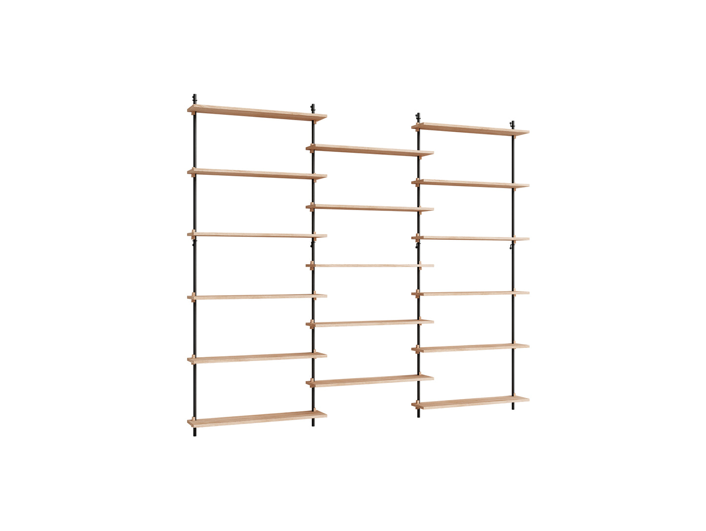 Wall Shelving System Sets (200 cm) by Moebe - WS.200.3 / Black Uprights / Oiled Oak