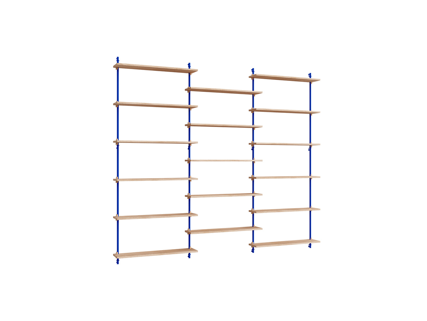 Wall Shelving System Sets (200 cm) by Moebe - WS.200.3 / Deep Blue Uprights / Oiled Oak