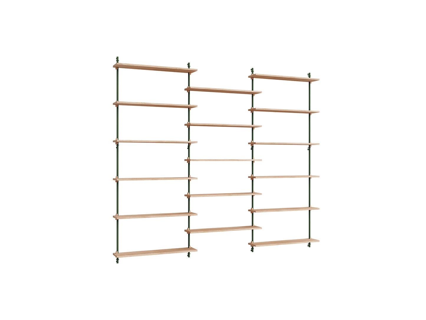 Wall Shelving System Sets (200 cm) by Moebe - WS.200.3 / Pine Green Uprights / Oiled Oak