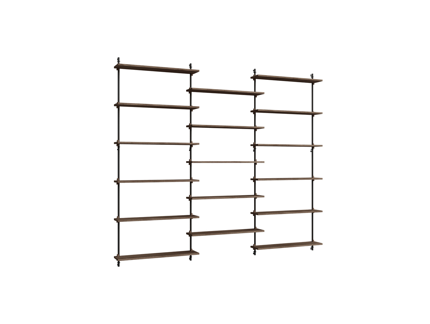 Wall Shelving System Sets (200 cm) by Moebe - WS.200.3 / Black Uprights / Smoked Oak