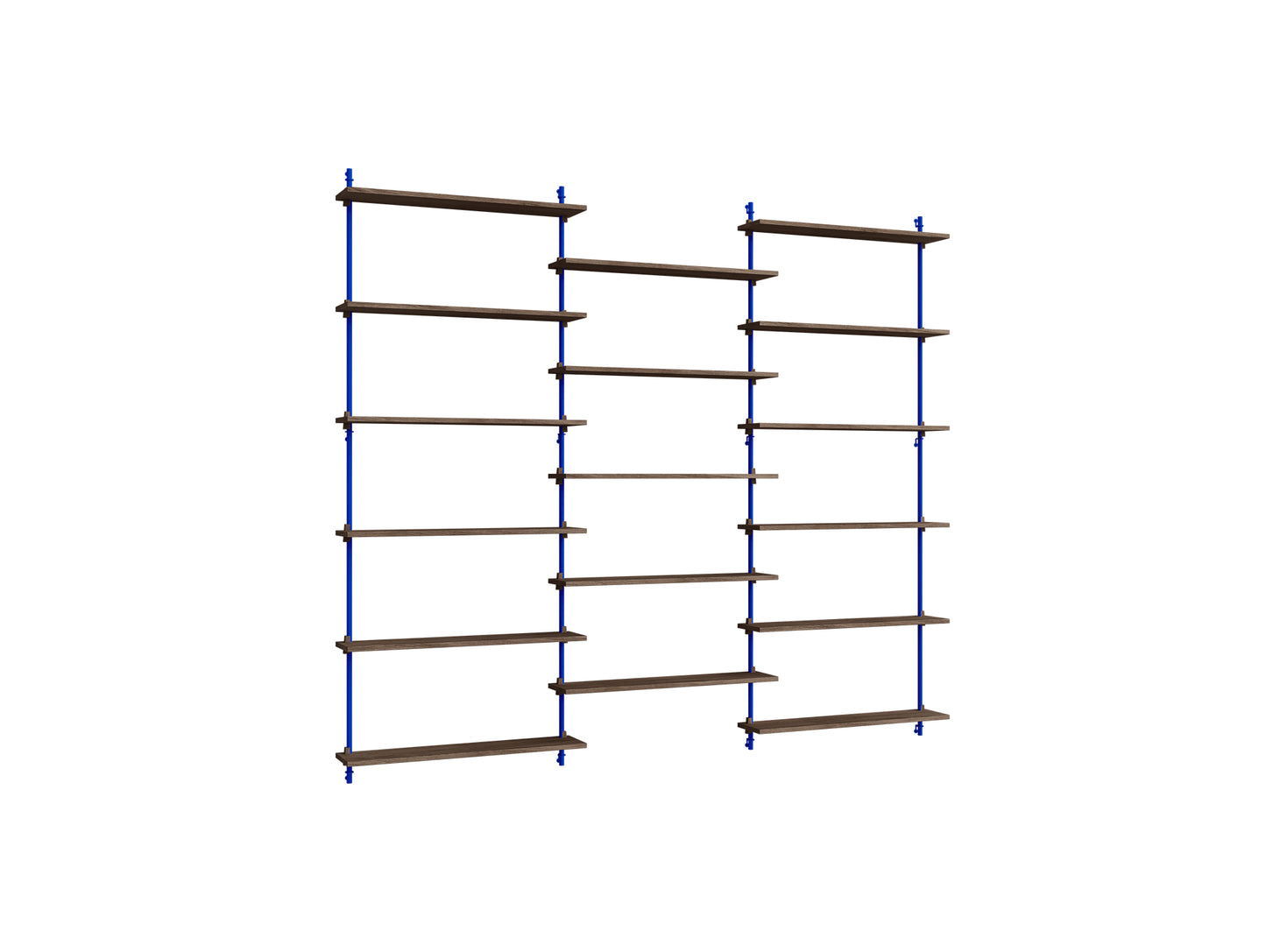 Wall Shelving System Sets (200 cm) by Moebe - WS.200.3 / Deep Blue Uprights / Smoked Oak