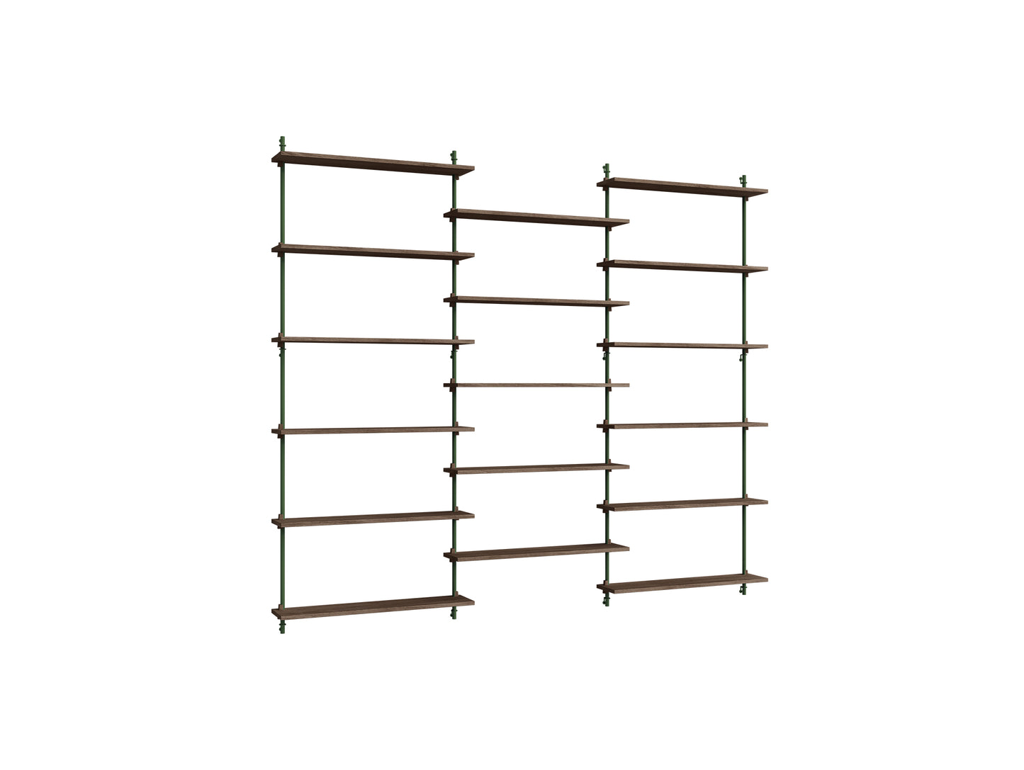 Wall Shelving System Sets (200 cm) by Moebe - WS.200.3 / Pine Green Uprights / Smoked Oak