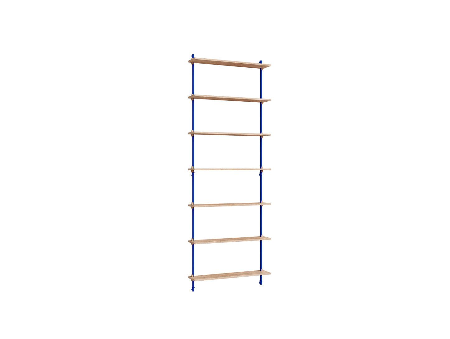 Wall Shelving System Sets (230 cm) by Moebe - WS.230.1 / Deep Blue Uprights / Oiled Oak